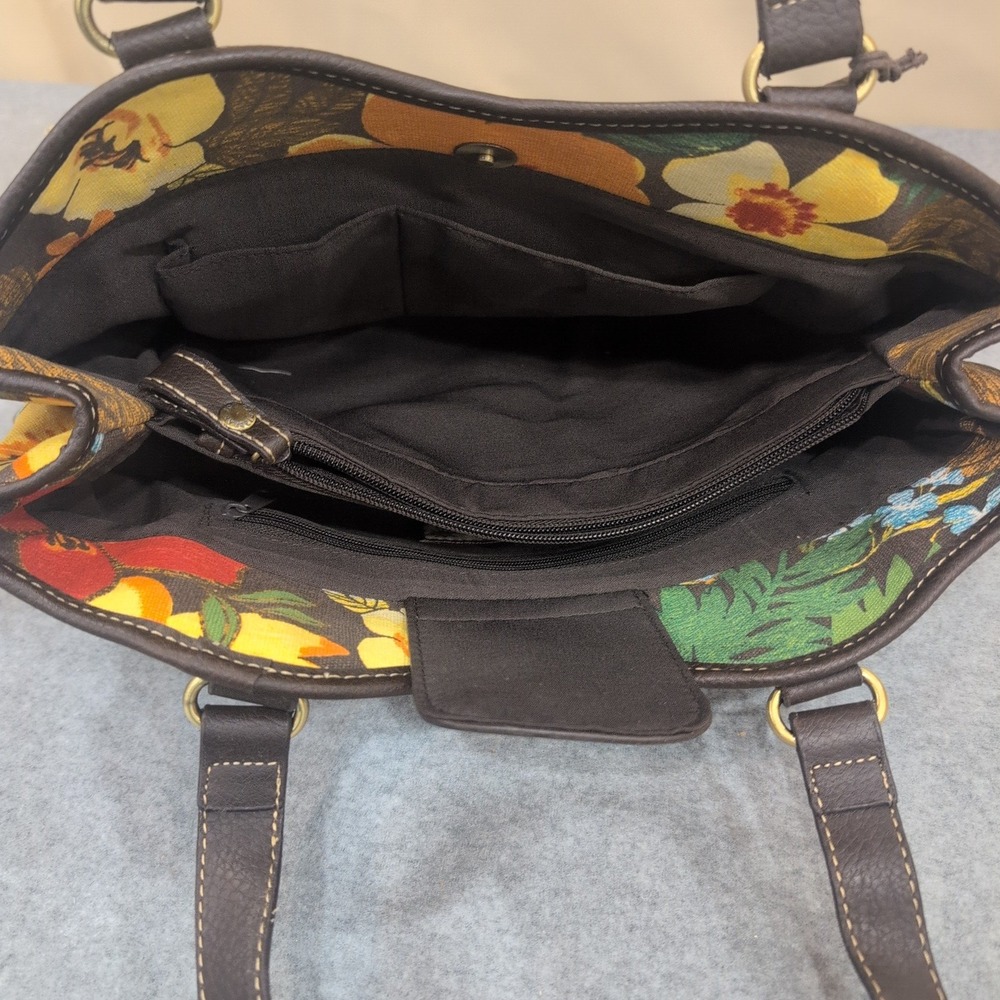 Caribbean Joe Floral Print Tote Bag Brown Leather Trim Tropical Vacation Beach - Picture 4 of 9